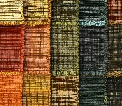 Patchwork design made from squares of fringed woven fabric showing a variation in fiber density and texture
