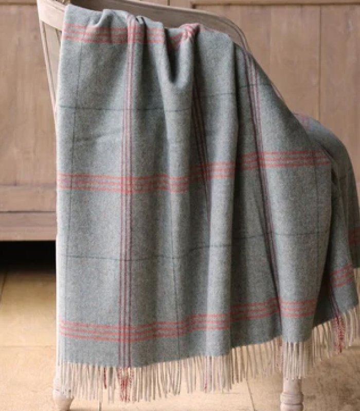 Green plaid woolen throw blanket on chair